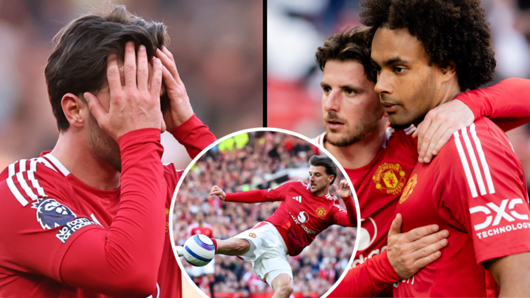 Mason Mount of Manchester United reacts with Joshua Zirkzee at the end of the Premier League match between Manchester United FC and Manchester City...