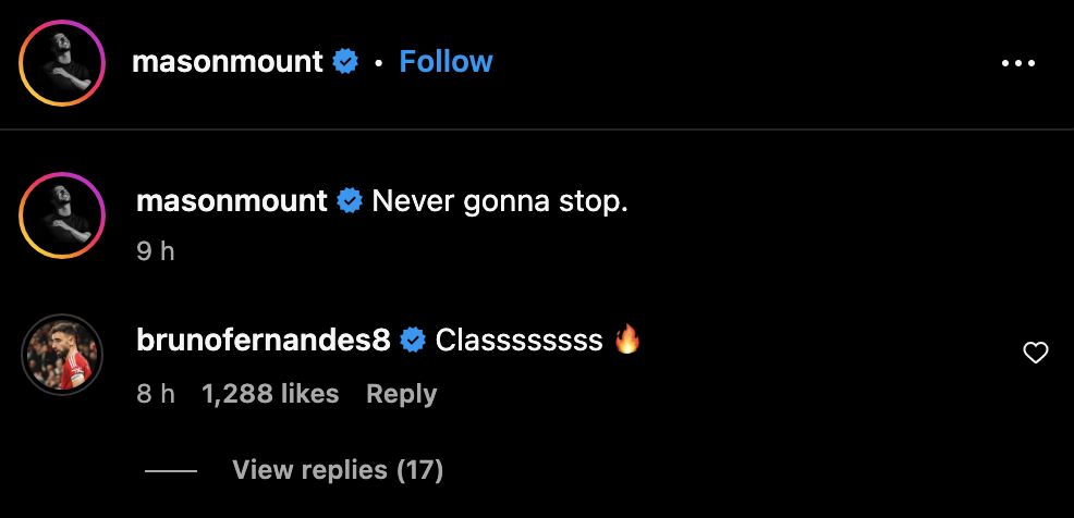 Bruno Fernandes reacted to Mason Mount’s message after Manchester United’s 5-4 win over Lyon in the Europa League. Credit: Instagram
