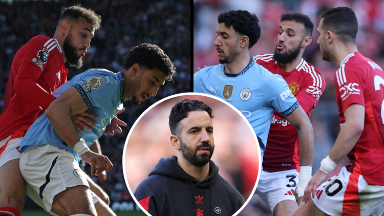 Manchester United's Moroccan defender #03 Noussair Mazraoui (L) vies with Manchester City's Egyptian striker #07 Omar Marmoush (R) during the Engli...