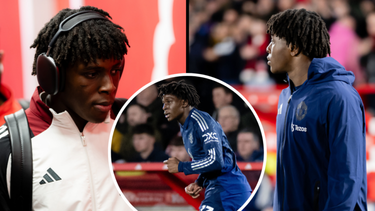 Patrick Chinazaekpere Dorgu of Manchester United walks out ahead of the Premier League match between Nottingham Forest FC and Manchester United FC ...