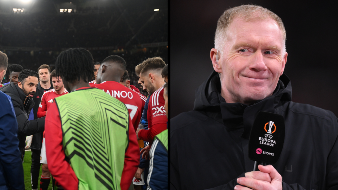 Paul Scholes comments for TNT Sports during the UEFA Europa League 2024/25 Round of 16 Second Leg match between Manchester United and Real Sociedad...