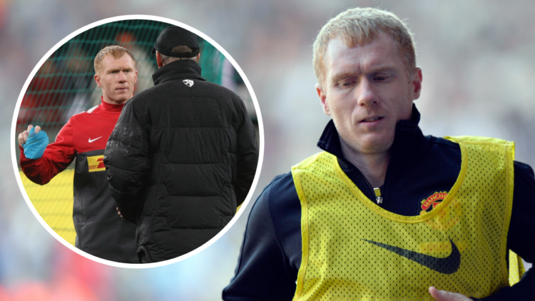 Paul Scholes of Manchester United warms up as he prepares to come on for United for the last time. Insert: Paul Scholes (L) and Sir Alex Ferguson o...