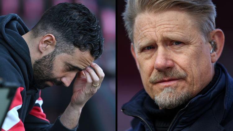 Former Manchester United goalkeeper Peter Schmeichel on media duty before the Premier League match between Manchester United FC and Manchester City...