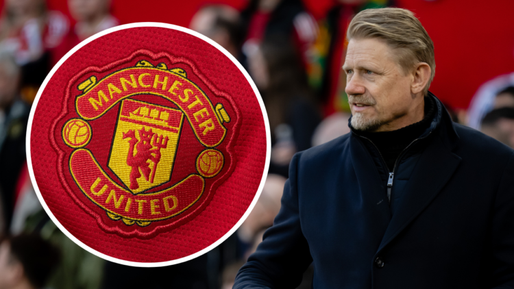Peter Schmeichel looks on during the Premier League match between Manchester United FC and Manchester City FC at Old Trafford. Insert: A detailed v...