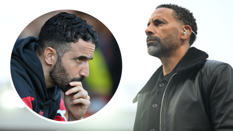 Rio Ferdinand looks on during the UEFA Europa League 2024/25 Quarter Final Second Leg match between Manchester United and Olympique Lyonnais at Old...