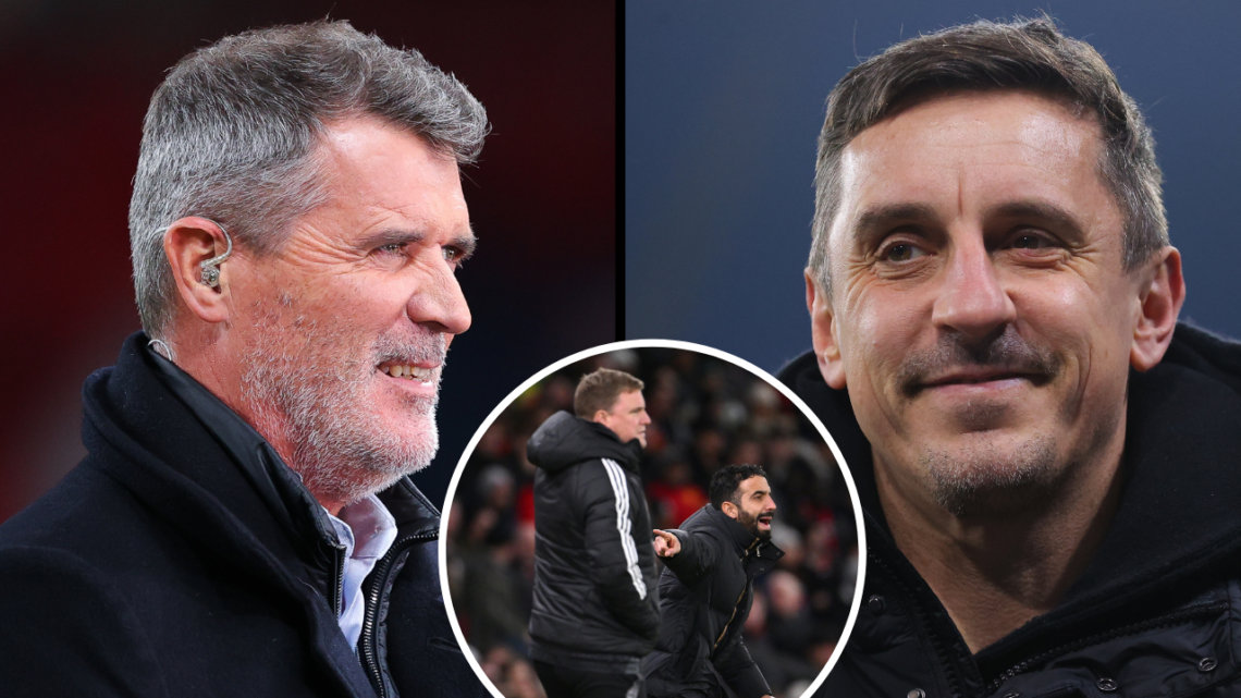 Pundit Roy Keane during the UEFA Nations League 2024/25 League B Group B2 match between England and Greece at Wembley Stadium. Insert: Pundit Gary ...
