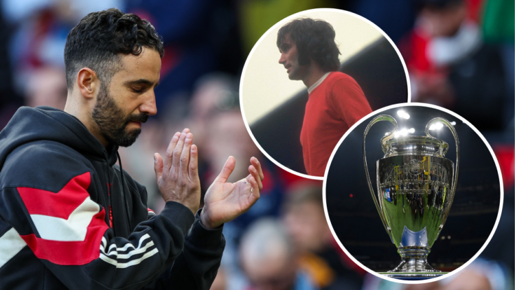 Manchester United manager Ruben Amorim applauds the fans at the final whistle of the Premier League match between Manchester United FC and Manchest...