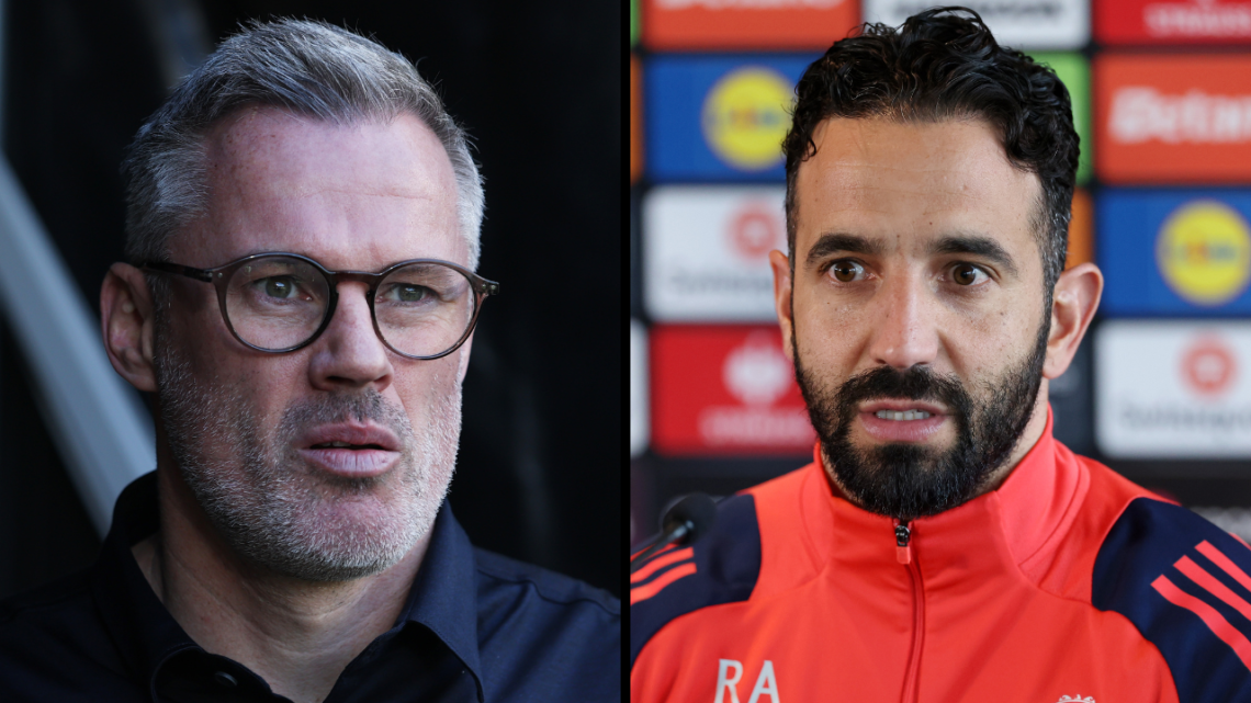 Ruben Amorim, Manager of Manchester United, looks on during a press conference ahead of their UEFA Europa League 2024/25 quarter final second leg m...