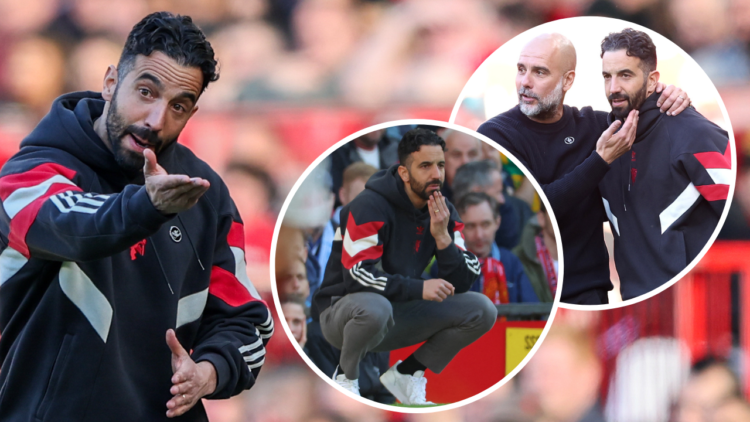 Manchester United manager Ruben Amorim shouts instructions to his team from the technical area during the Premier League match between Manchester U...
