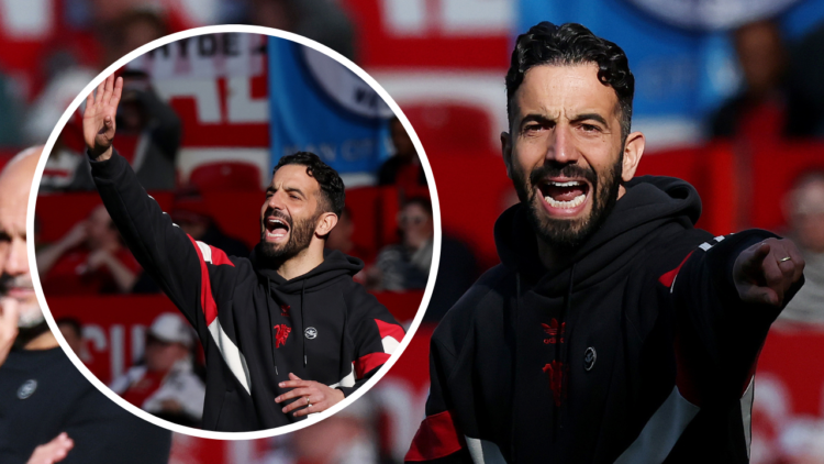 Ruben Amorim, Manager of Manchester United, gestures as Pep Guardiola, Manager of Manchester City, looks on during the Premier League match between...