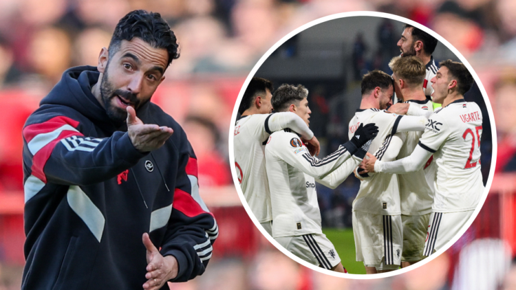 Manchester United manager Ruben Amorim shouts instructions to his team from the technical area during the Premier League match between Manchester U...