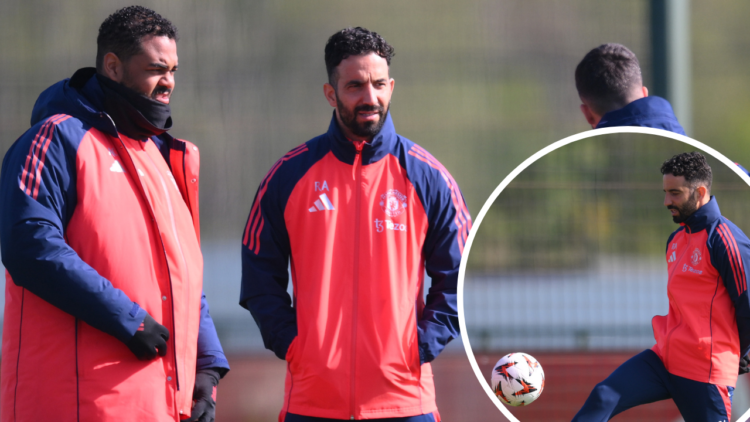 Ruben Amorim, Manager of Manchester United, speaks with his staff during a training session and press conference ahead of their UEFA Europa League ...