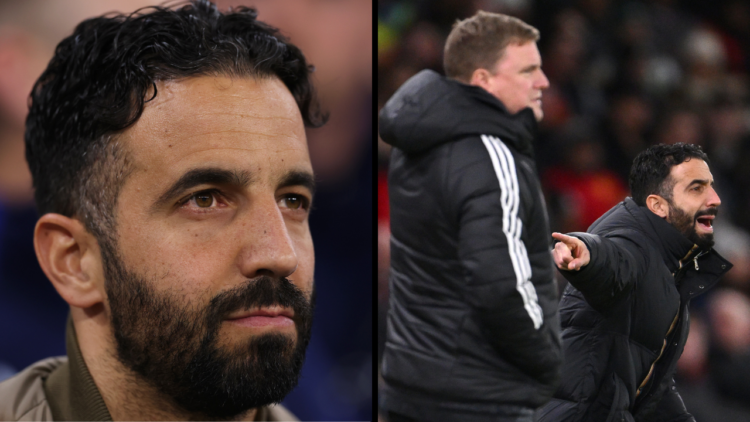 Ruben Amorim, Manager of Manchester United, reacts as Eddie Howe looks on during the Premier League match between Manchester United FC and Newcastl...