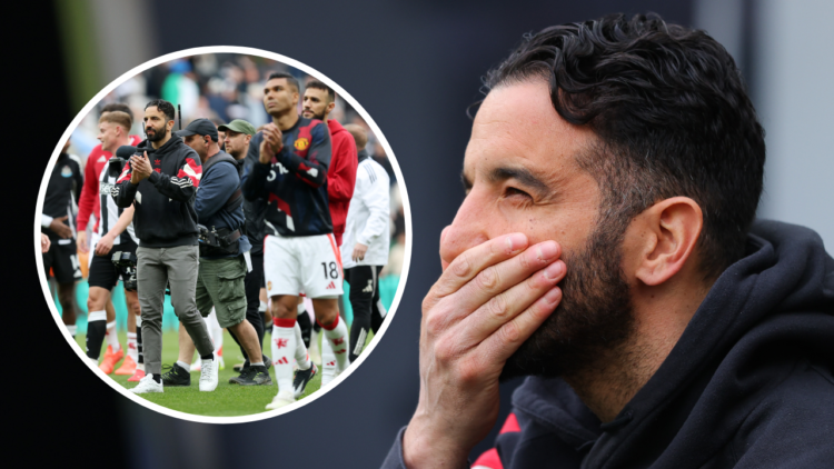 Ruben Amorim, head coach of Manchester United, looks dejected during the Premier League match between Newcastle United FC and Manchester United FC ...