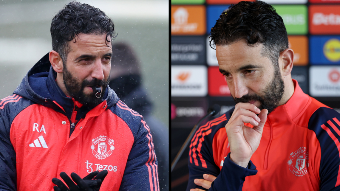 Ruben Amorim, Manager of Manchester United, reacts during a press conference ahead of their UEFA Europa League 2024/25 quarter final second leg mat...