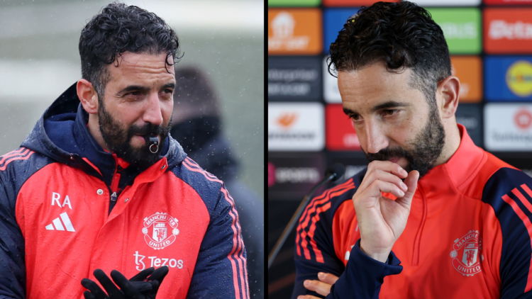 Ruben Amorim, Manager of Manchester United, reacts during a press conference ahead of their UEFA Europa League 2024/25 quarter final second leg mat...