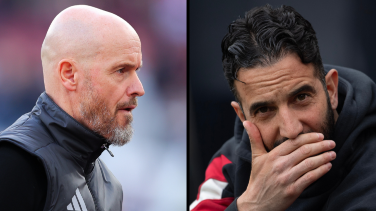 Ruben Amorim, Manager of Manchester United, looks on prior to the Premier League match between Newcastle United FC and Manchester United FC at St J...