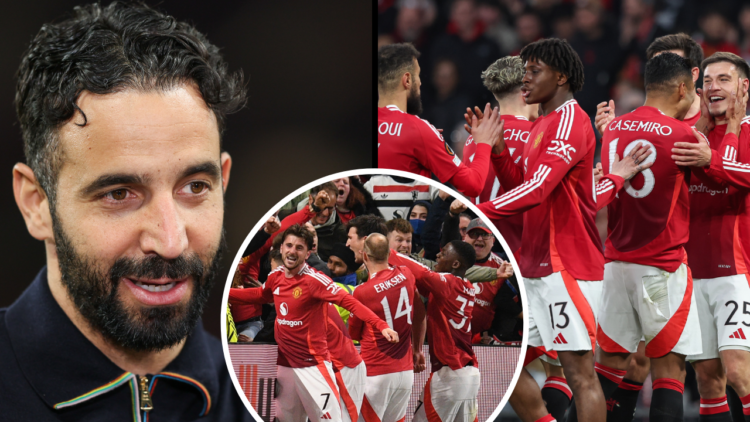 Manchester United's Manuel Ugarte celebrates scoring his side's first goal with Casemiro and team-mate's during the UEFA Europa League 2024/25 Quar...