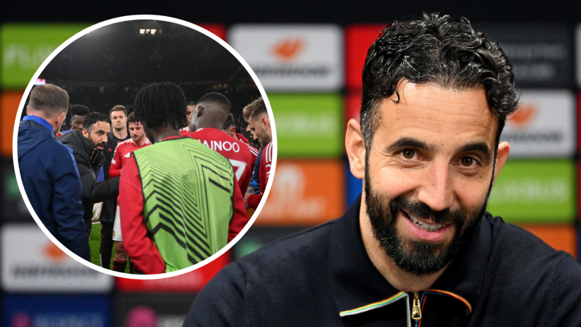 Ruben Amorim, Manager of Manchester United, speaks to the media in a post match press conference, after progressing through to the Semi-Finals afte...