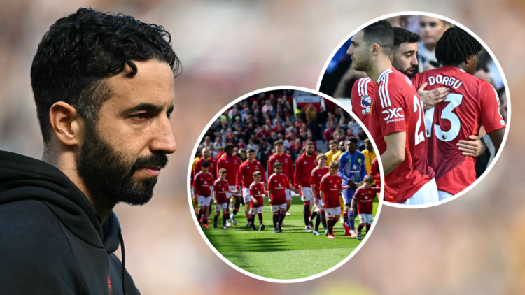 Manchester United's Portuguese head coach Ruben Amorim reacts after the English Premier League football match between Manchester United and Wolverh...