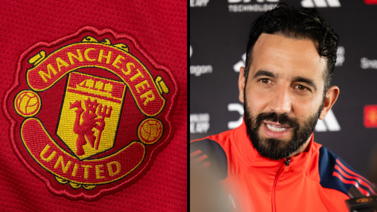 Head Coach Ruben Amorim of Manchester United speaks during a press conference at Carrington Training Ground. Insert: A detailed view of a Mancheste...