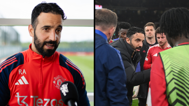 Head Coach Ruben Amorim of Manchester United speaks during an interview after a press conference at Carrington Training Ground. Insert: Ruben Amori...
