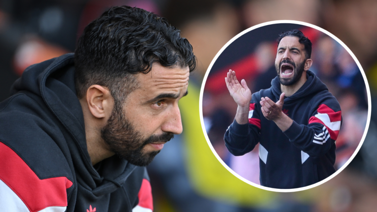 Ruben Amorim, Manager of Manchester United, looks on during the Premier League match between AFC Bournemouth and Manchester United FC at Vitality S...