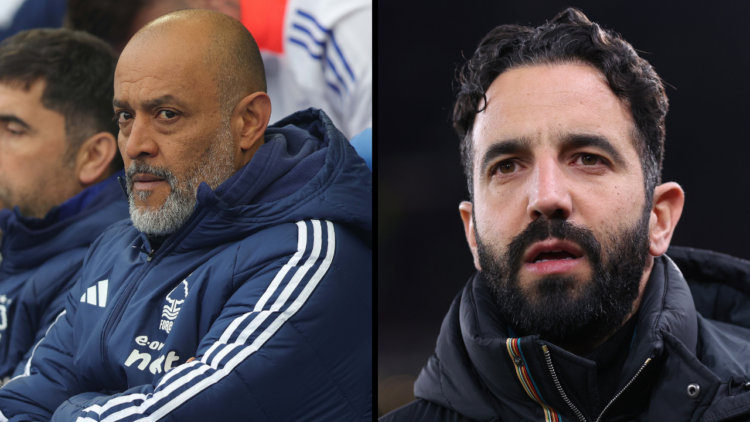 Ruben Amorim the manager of Manchester United looks on prior to the UEFA Europa League 2024/25 Round of 16 Second Leg match between Manchester Unit...