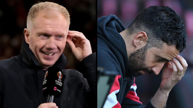 Paul Scholes comments for TNT Sports the UEFA Europa League 2024/25 Quarter Final Second Leg football match between Manchester United (Man U) and O...