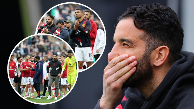 Ruben Amorim, head coach of Manchester United, looks dejected during the Premier League match between Newcastle United FC and Manchester United FC ...