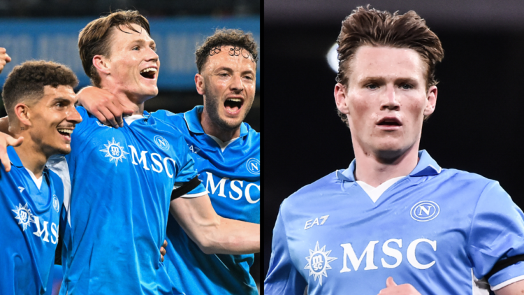 Scott Mctominay of Napoli celebrates with teammates after scoring the 2-0 goal during the Serie match between Napoli and Torino at Stadio Diego Arm...