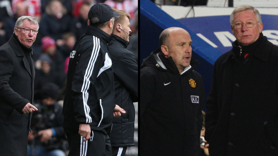 Manager Sir Alex Ferguson of Manchester United complains to the fourth official during the Barclays Premier League match between Stoke City and Man...
