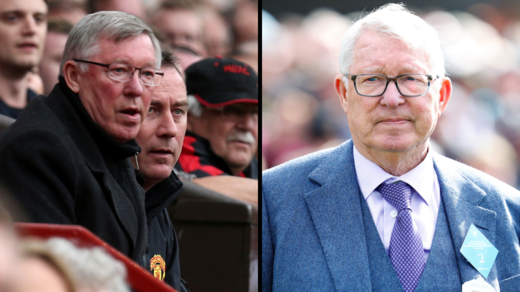 Sir Alex Ferguson watches the racing as he attends day 1 'Champion Day' of the Cheltenham Festival at Cheltenham Racecourse. Insert: Manager Sir Al...