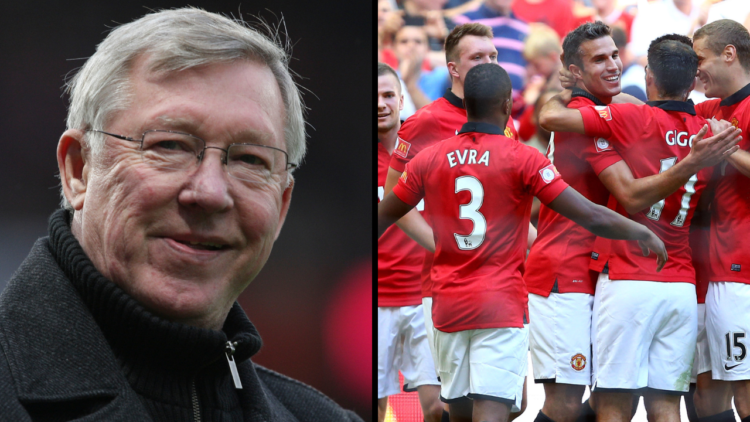 Sir Alex Ferguson of Manchester United watches from the dugout during the Barclays Premier League match between Manchester United and Blackburn Rov...