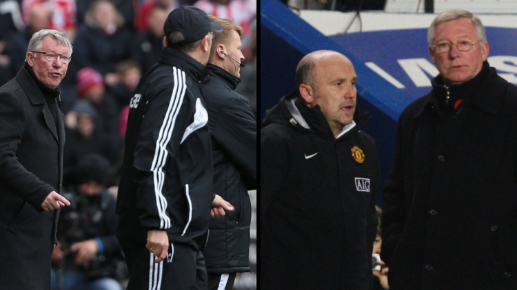 Manager Sir Alex Ferguson of Manchester United complains to the fourth official during the Barclays Premier League match between Stoke City and Man...