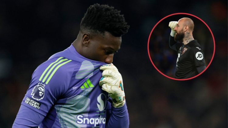Main image, Andre Onana goalkeeper of Manchester United looks dejected during the Premier League match between Manchester United FC and Southampton...
