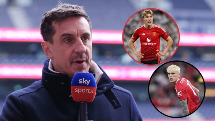 Main image, Sky Sports pundit Gary Neville performs a piece to camera during the Premier League match between Tottenham Hotspur FC and Manchester U...