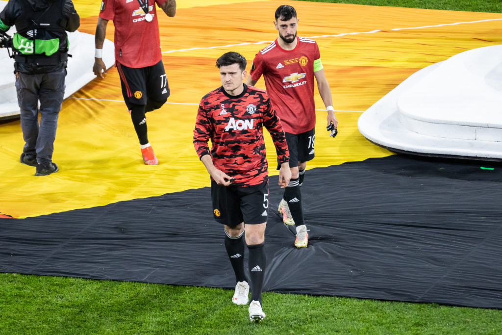 Harry Maguire and Bruno Fernandes of Manchester United seen