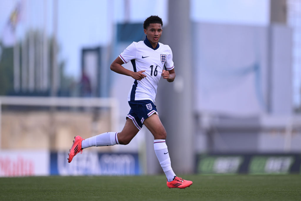 Anton Palmer in action for England v Latvia during the 2024/25 UEFA European Under-17 Championship.