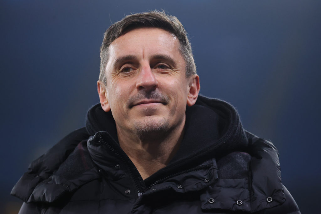 Sky Sports pundit Gary Neville during the Barclays Women’s Super League match between Manchester City and Manchester United at the Etihad Stadium in 2025 in Manchester, England.