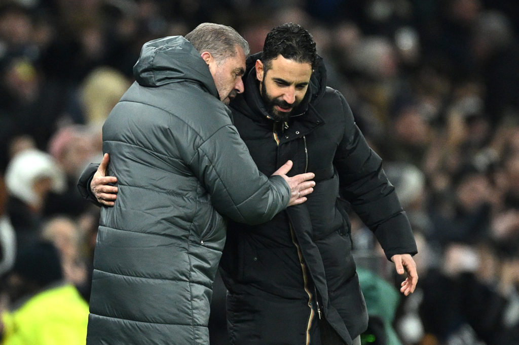 Ange Postecoglou and Ruben Amorim embrace before Tottenham vs Manchester United.