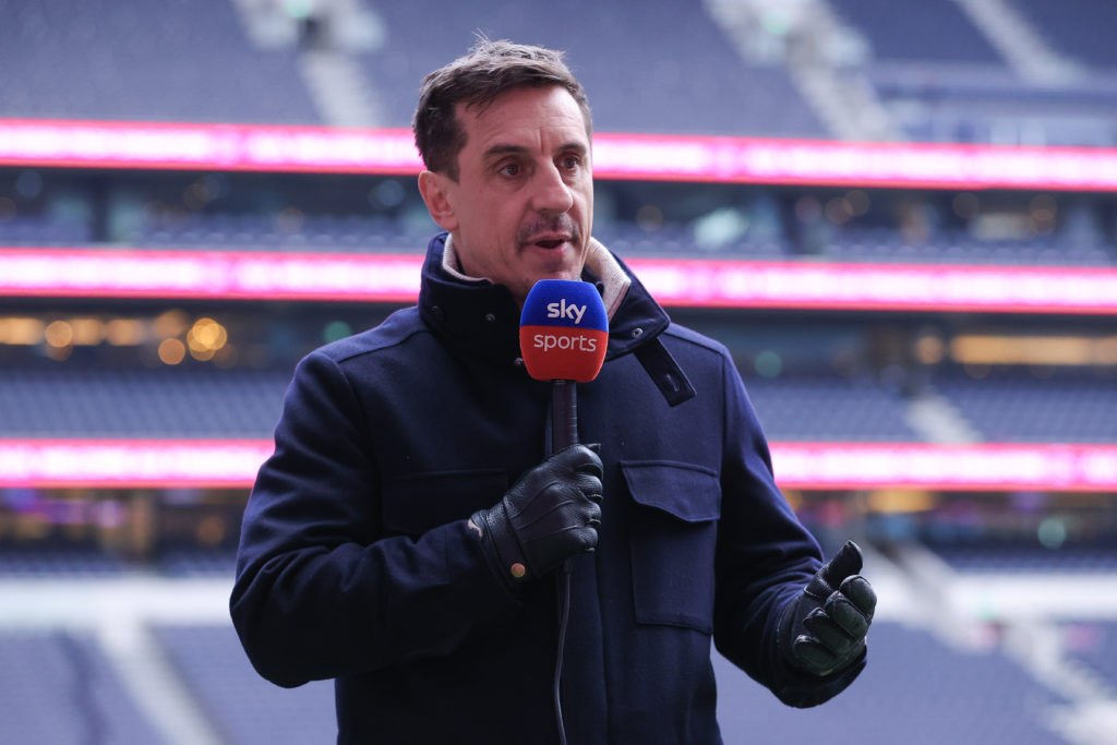Sky Sports pundit Gary Neville performs a piece to camera during the Premier League match between Tottenham Hotspur FC and Manchester United FC at the Tottenham Hotspur Stadium on February 16, 2025 in London, England.