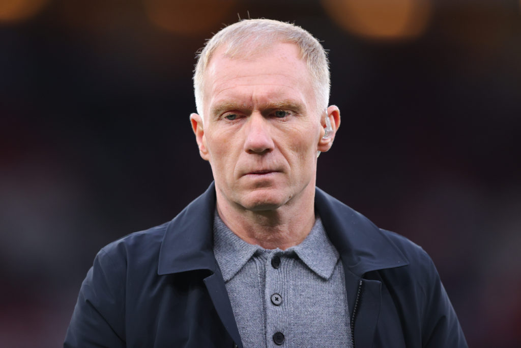 TNT Sports pundit Paul Scholes during the UEFA Europa League 2024/25 quarter-final second-leg match between Manchester United and Olympique Lyonnais at Old Trafford.