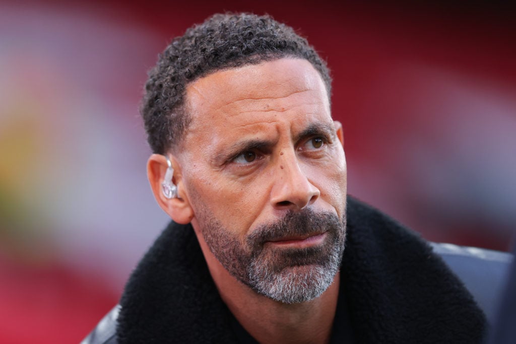 TNT Sports pundit Rio Ferdinand during the UEFA Europa League 2024/25 quarter-final second-leg match between Manchester United and Olympique Lyonnais at Old Trafford on April 17, 2025 in Manchester, England.