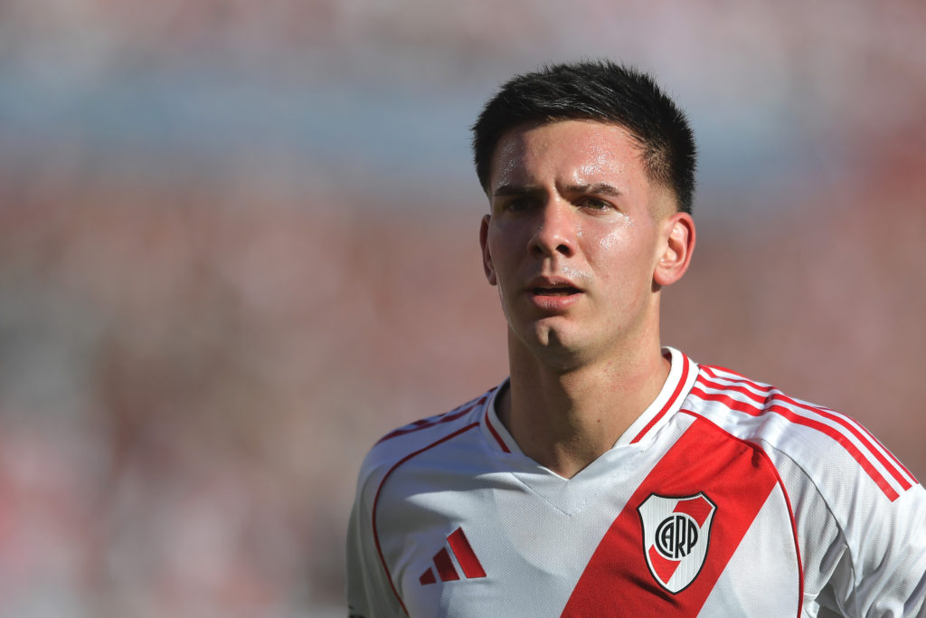 River Plate's Franco Mastantuono in action against Boca Juniors.