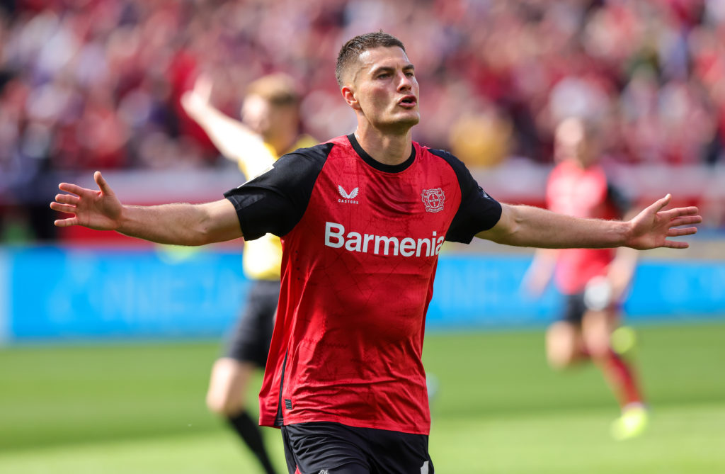Bayer Leverkusen striker Patrik Schick celebrates scoring against Augsburg.
