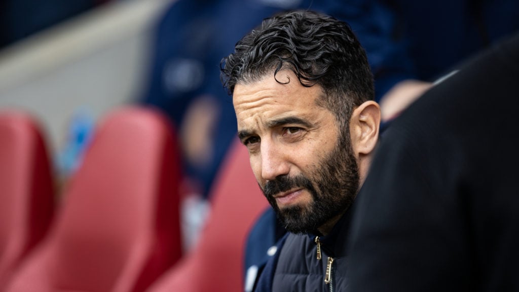 Manchester United manager Ruben Amorim looks on during the Premier League match between Brentford and Manchester United at the Gtech Community Stadium.