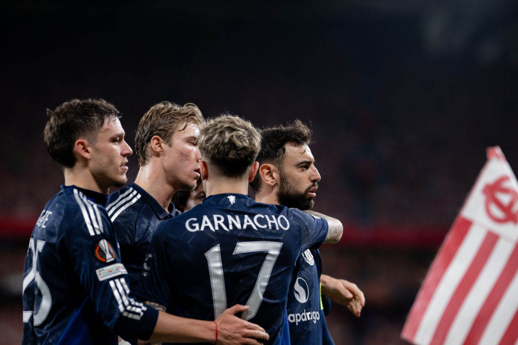 Bruno Fernandes of Manchester United celebrates scoring their second goal from a penalty spot kick during the UEFA Europa League 2024/25 Semi Final First Leg match between Athletic Bilbao and Manchester United at San Mames Stadium on May 01, 2025