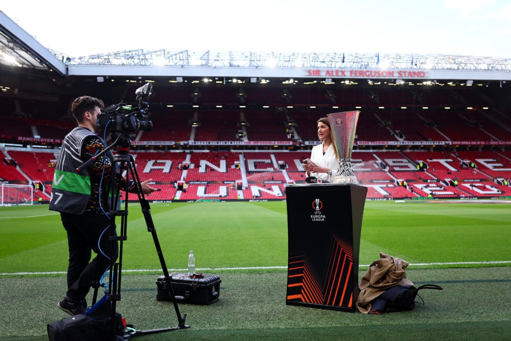 The UEFA Europa League trophy on a TV plinth during the UEFA Europa League 2024-25 semi-final second-leg match between Manchester United and Athletic Club at Old Trafford on 8th May 2025 in Manchester, England.