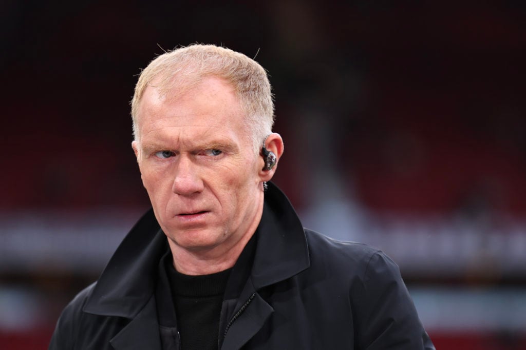 Manchester United legend Paul Scholes working as a television pundit for TNT Sports during the Europa League match between Manchester United and Athletic Club at Old Trafford in 2025 in Manchester.